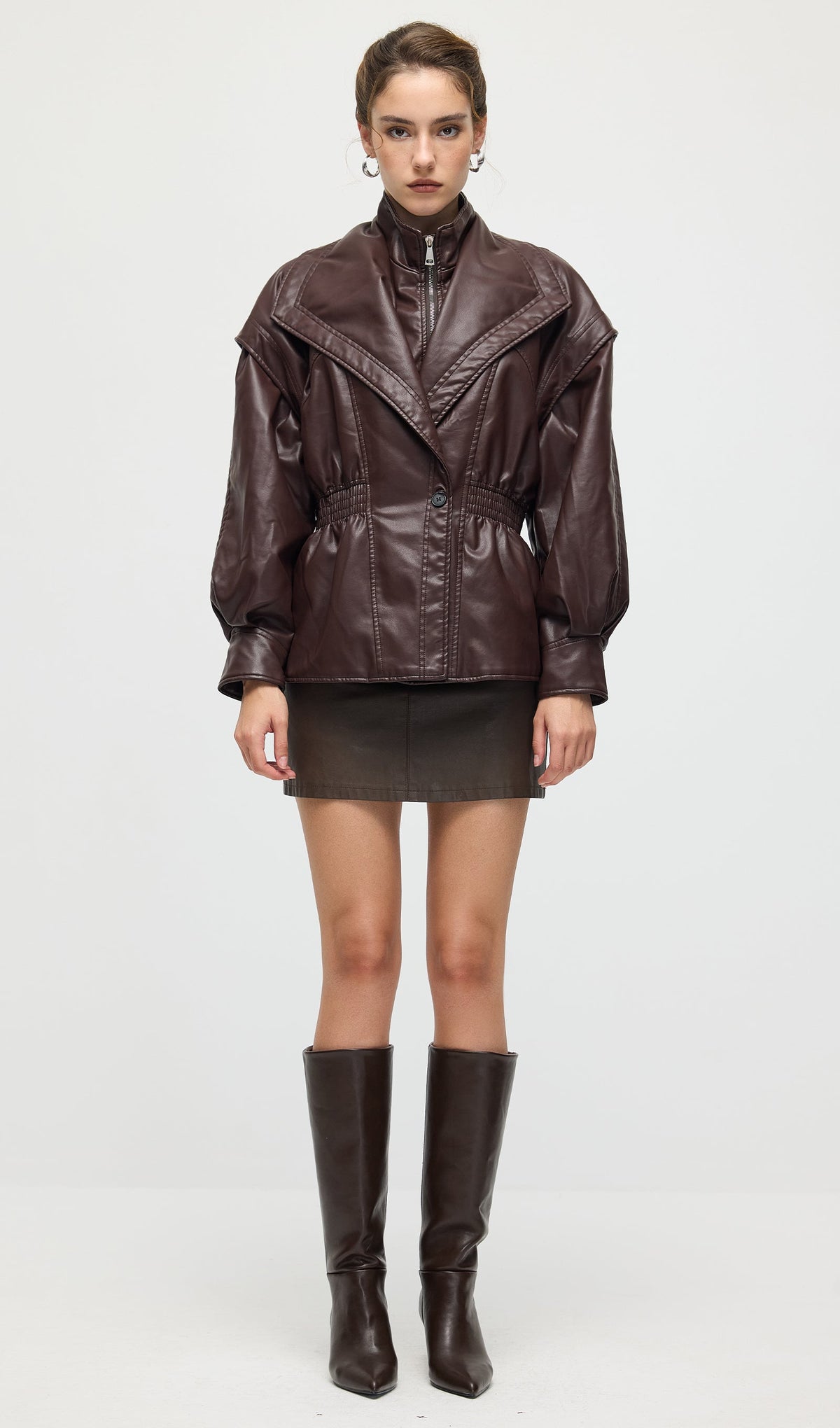 Waisted Lapel Leather Jacket In Brown