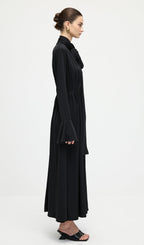 Flower V-Neck Pleated Slit Maxi Dress In Black