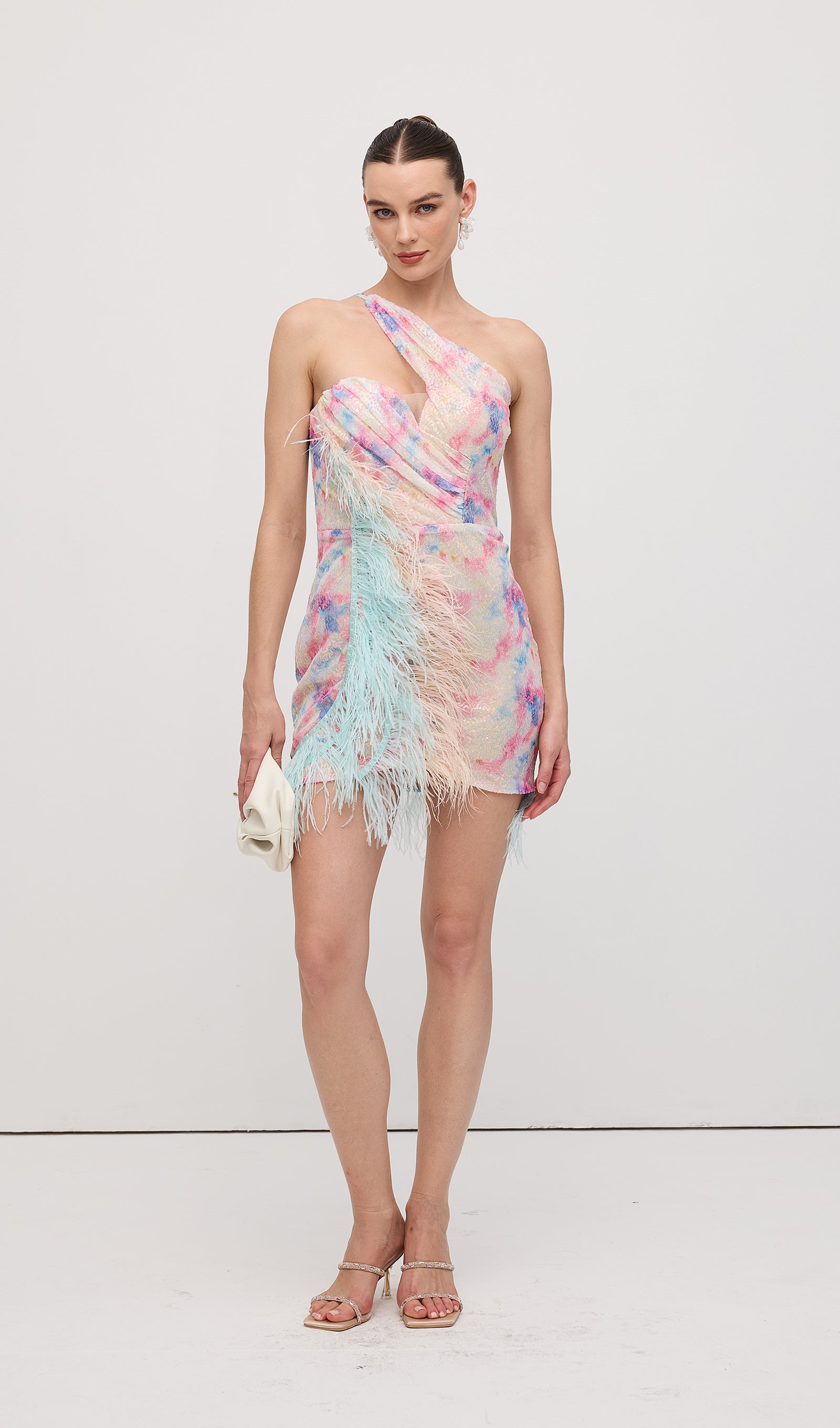 Asymmetric Sequined With Feathers Mini Dress