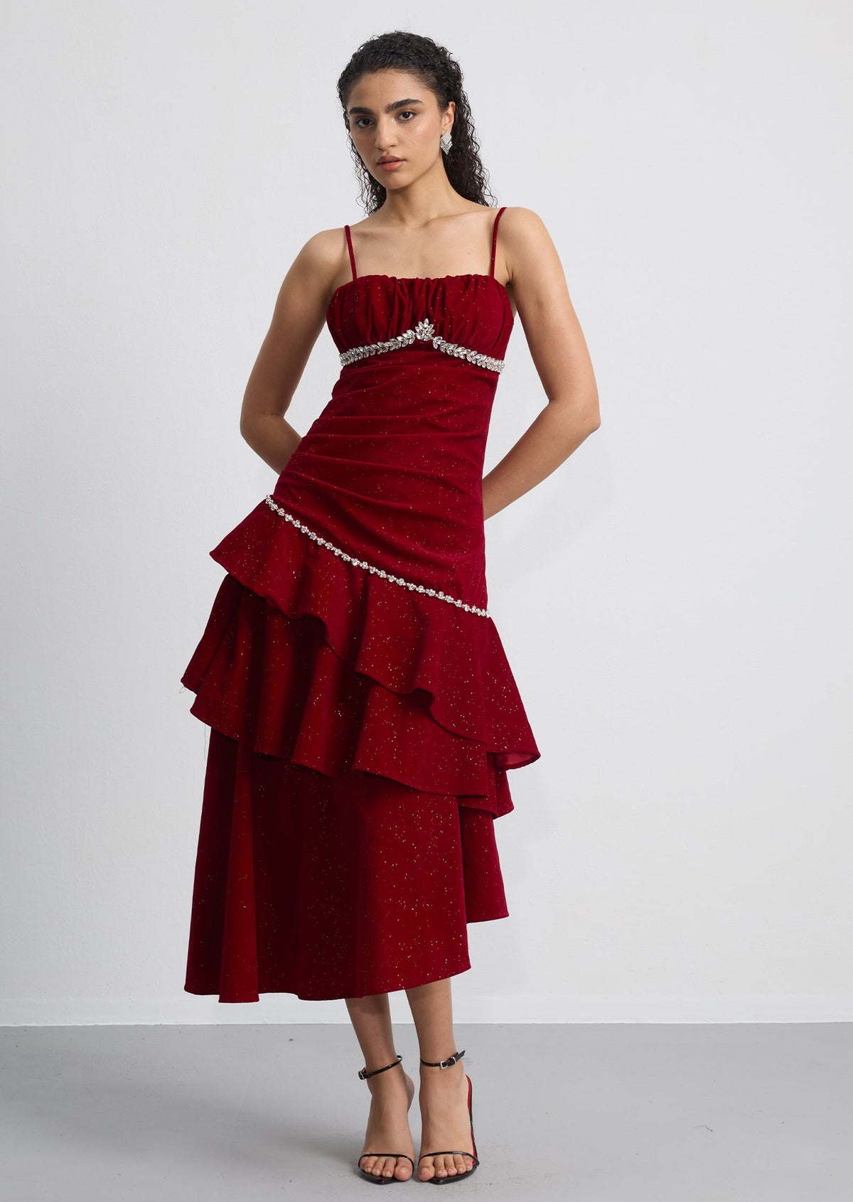 Asymmetrical Ruffled Crystal-Embellished Midi Dress