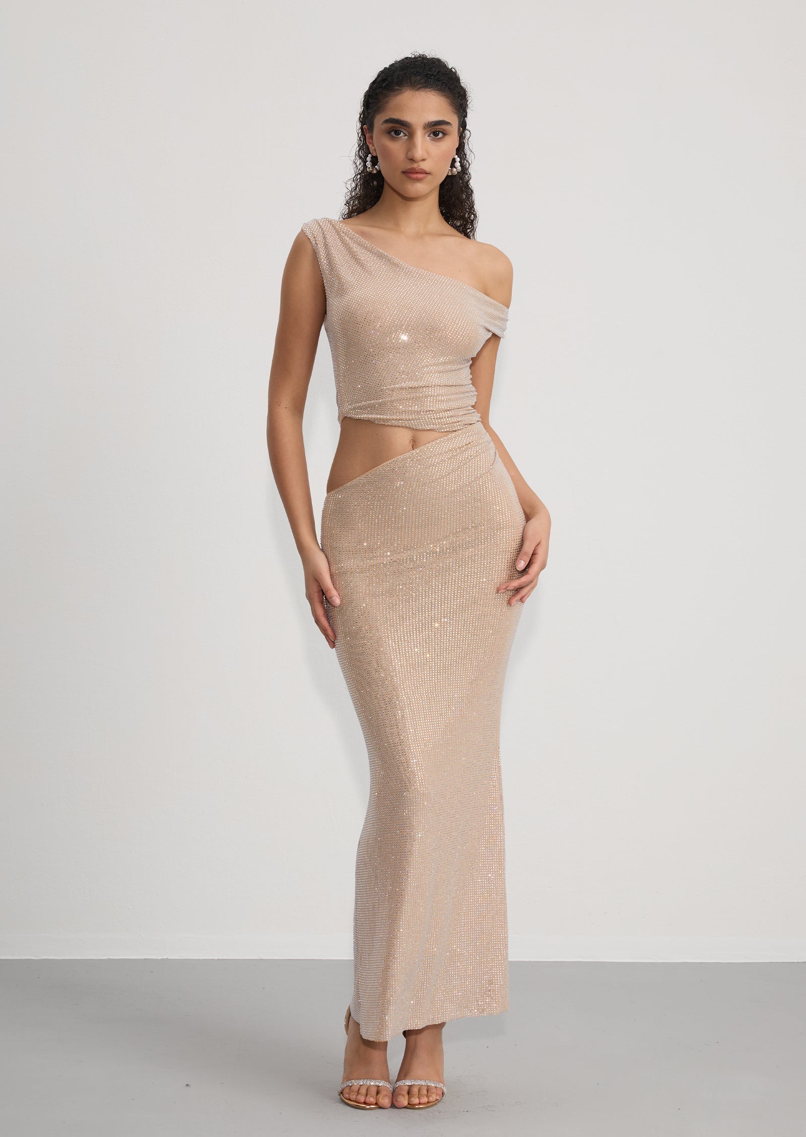 Diamante One Shoulder Maxi Dress In Gold