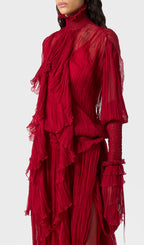 Solid Pleated Silk Chiffon Slit Maxi Dress In Red
