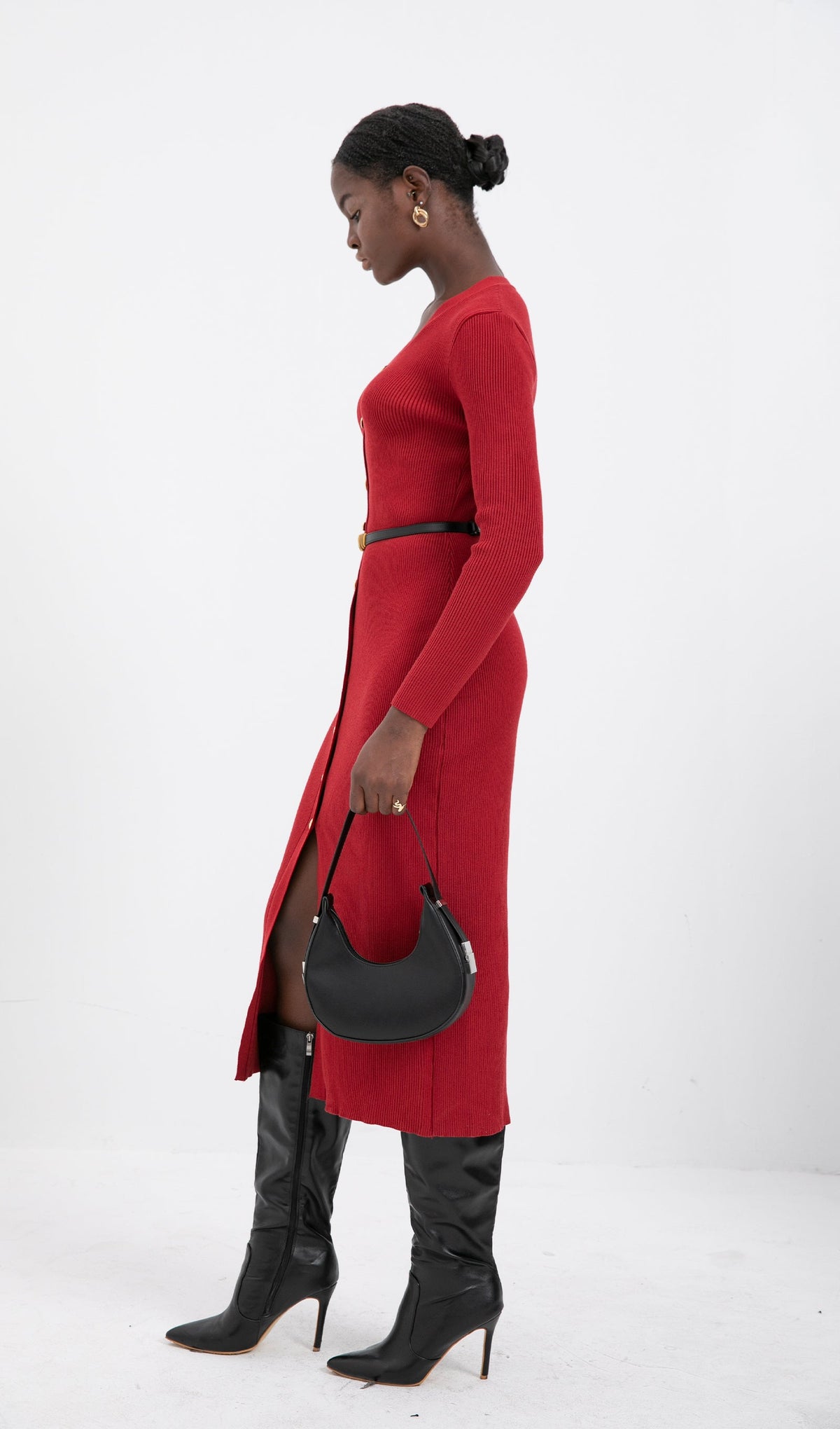 Trendy Red Knitted Midi Dress