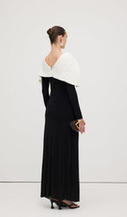 Asymmetrical Draped Shoulder Pleat Maxi Dress