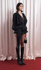 Lace Waist Panel Shirt Mini Dress In Black
