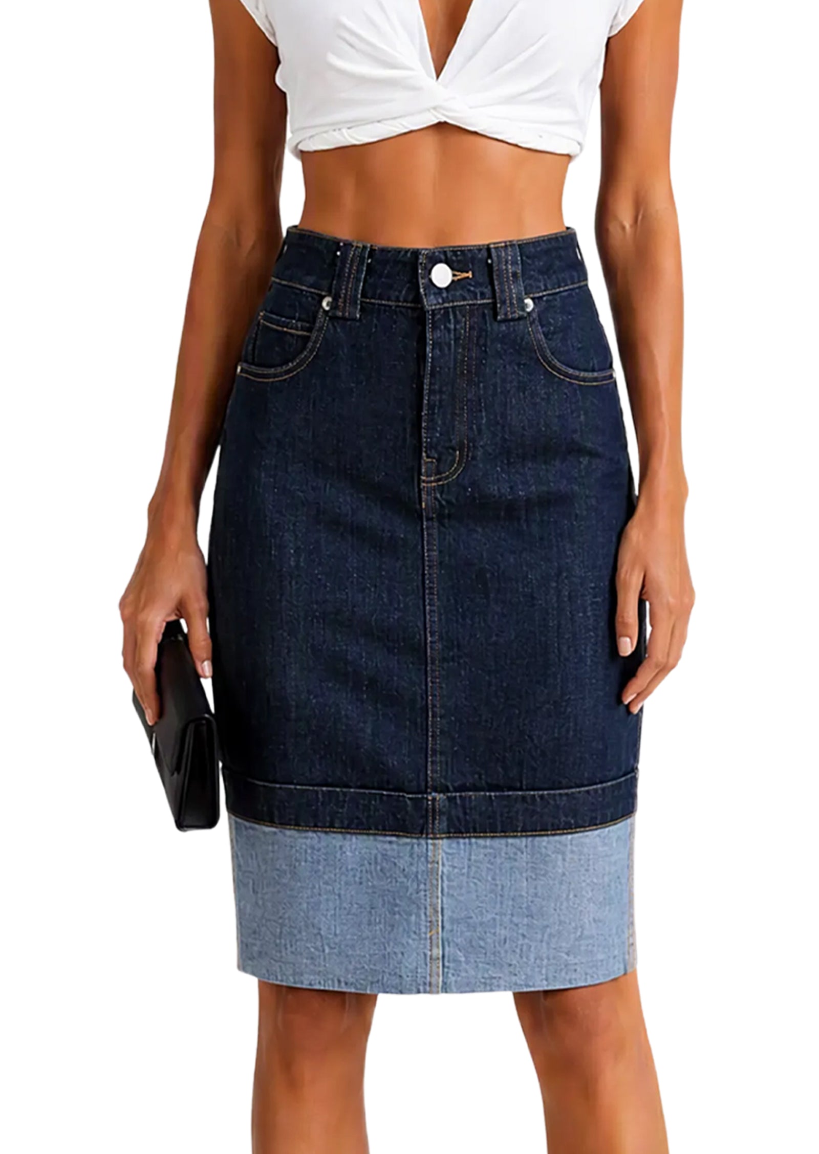 Caelus Denim Back Slit Midi Skirt In Blue