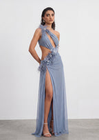 Sydnie Cut Out Maxi Dress With Feathers In Blue