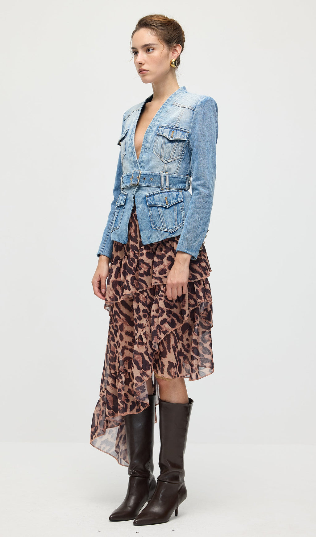 Solid V Neck Blue Denim Jacket With Belt
