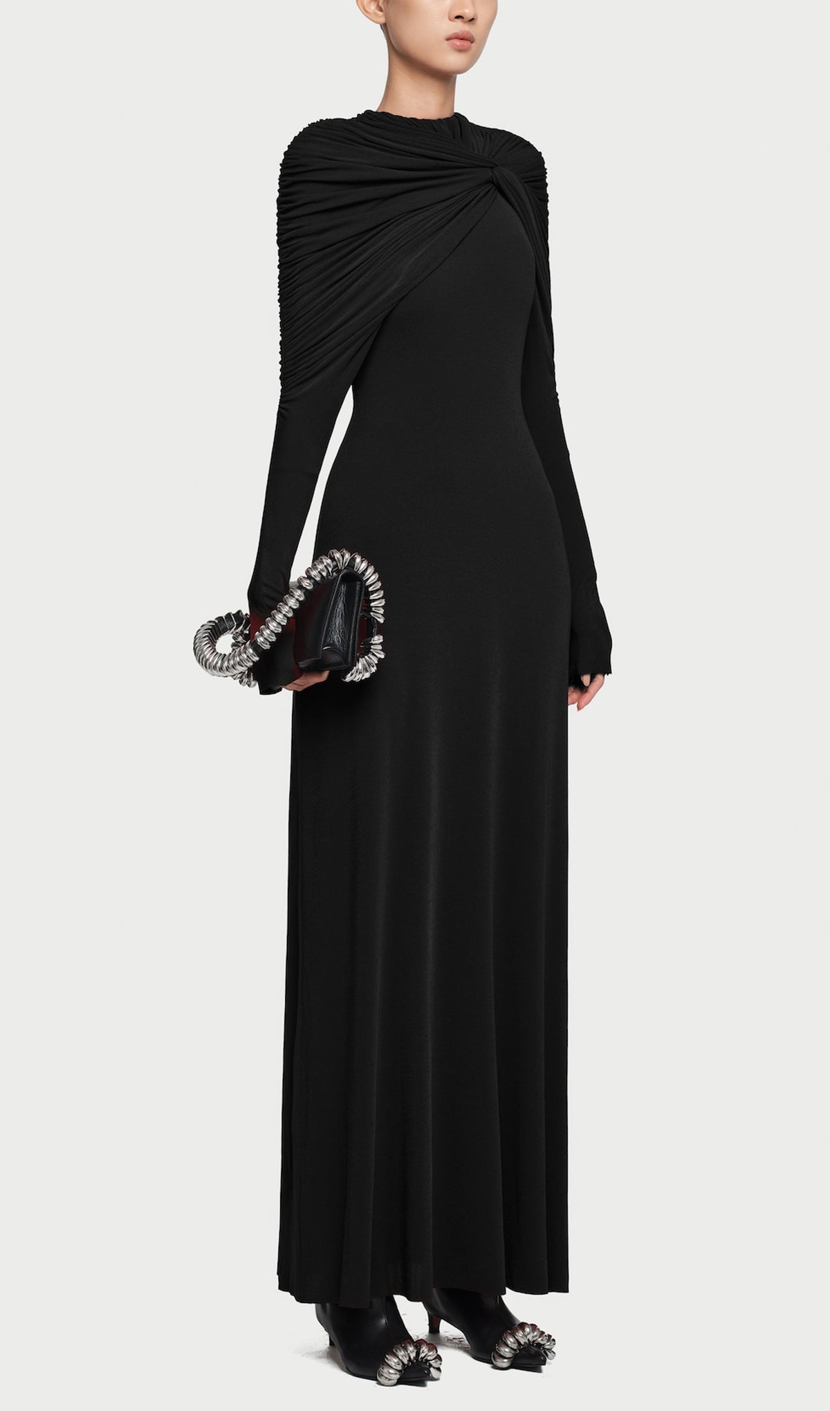 Asymmetrical Form Fitting Maxi Dress In Black