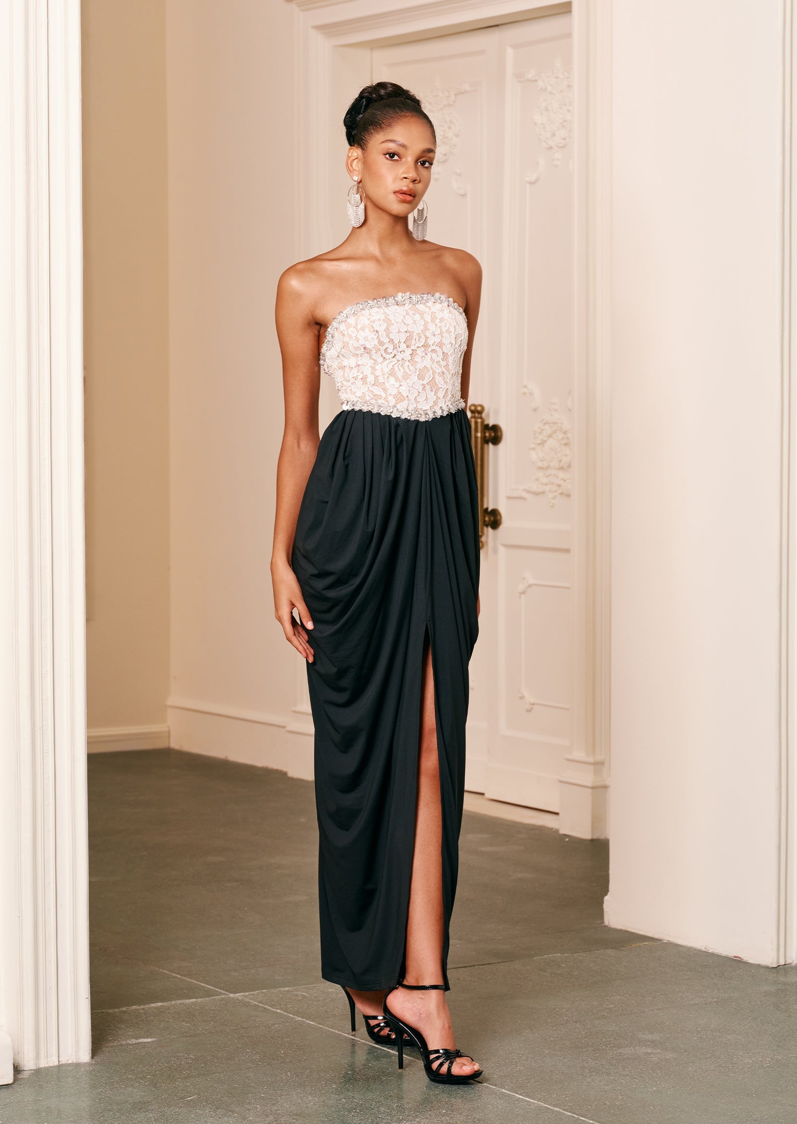 Strapless Lace Beaded Patchwork Maxi Dress