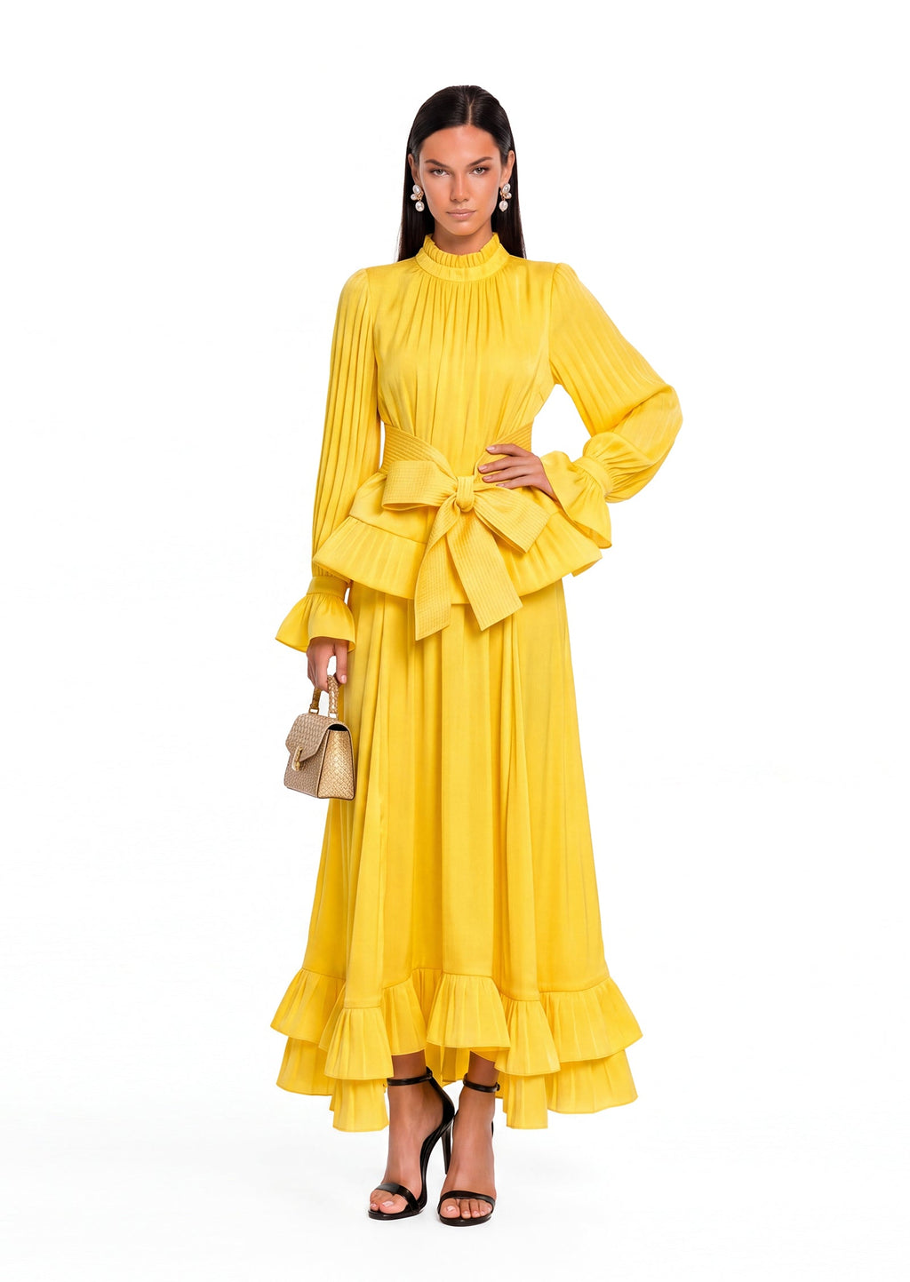 Iaolani Pleated Long Sleeve Maxi Skirt Set In Yellow