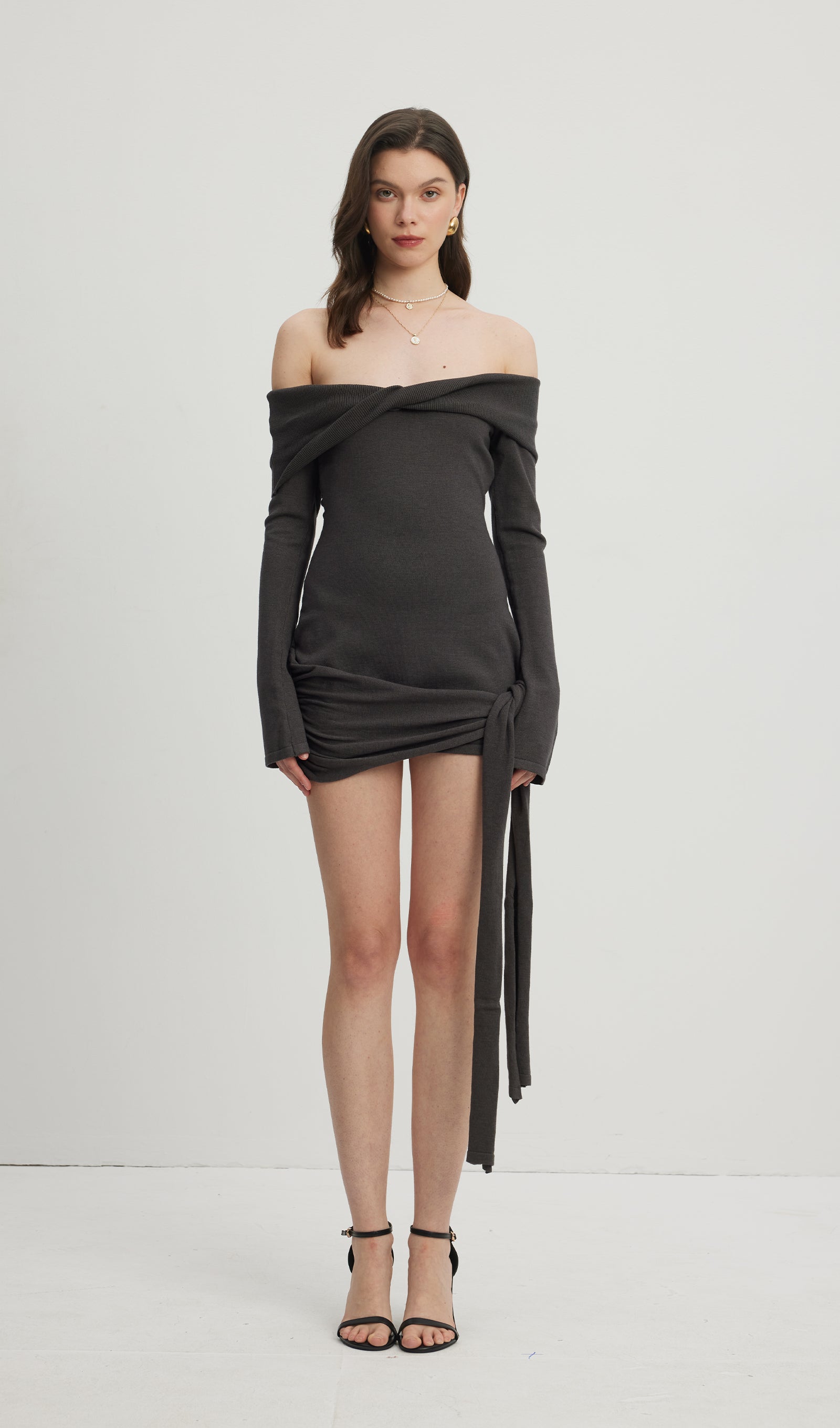 Off Shoulder Tie Knit Mini Dress