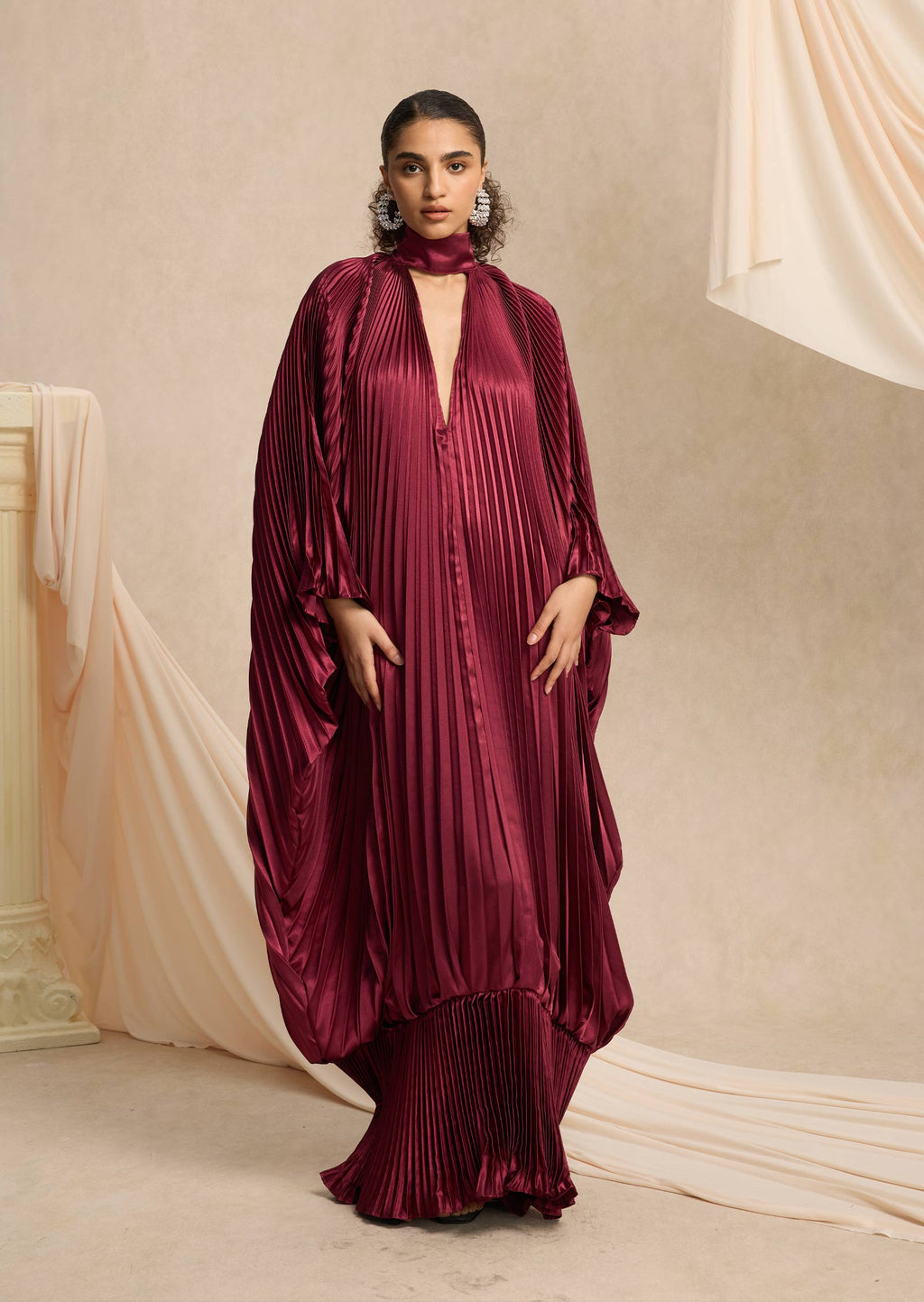 Hiba V Neckline Pleats Ruffled Maxi Dress In Burgundy