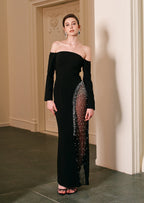 Jean Off Shoulder Velvet Maxi Dress In Black