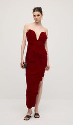 Petal Strapless Velvet Maxi Dress In Red