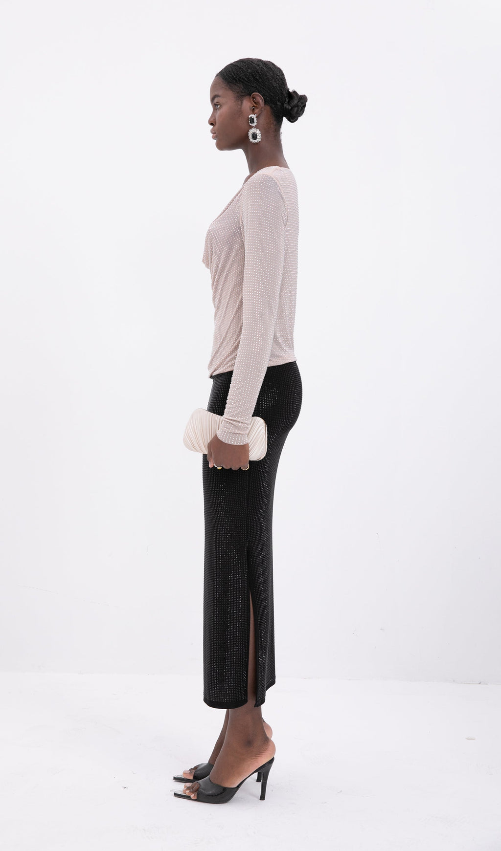 Black Tone Beaded Midi Skirt