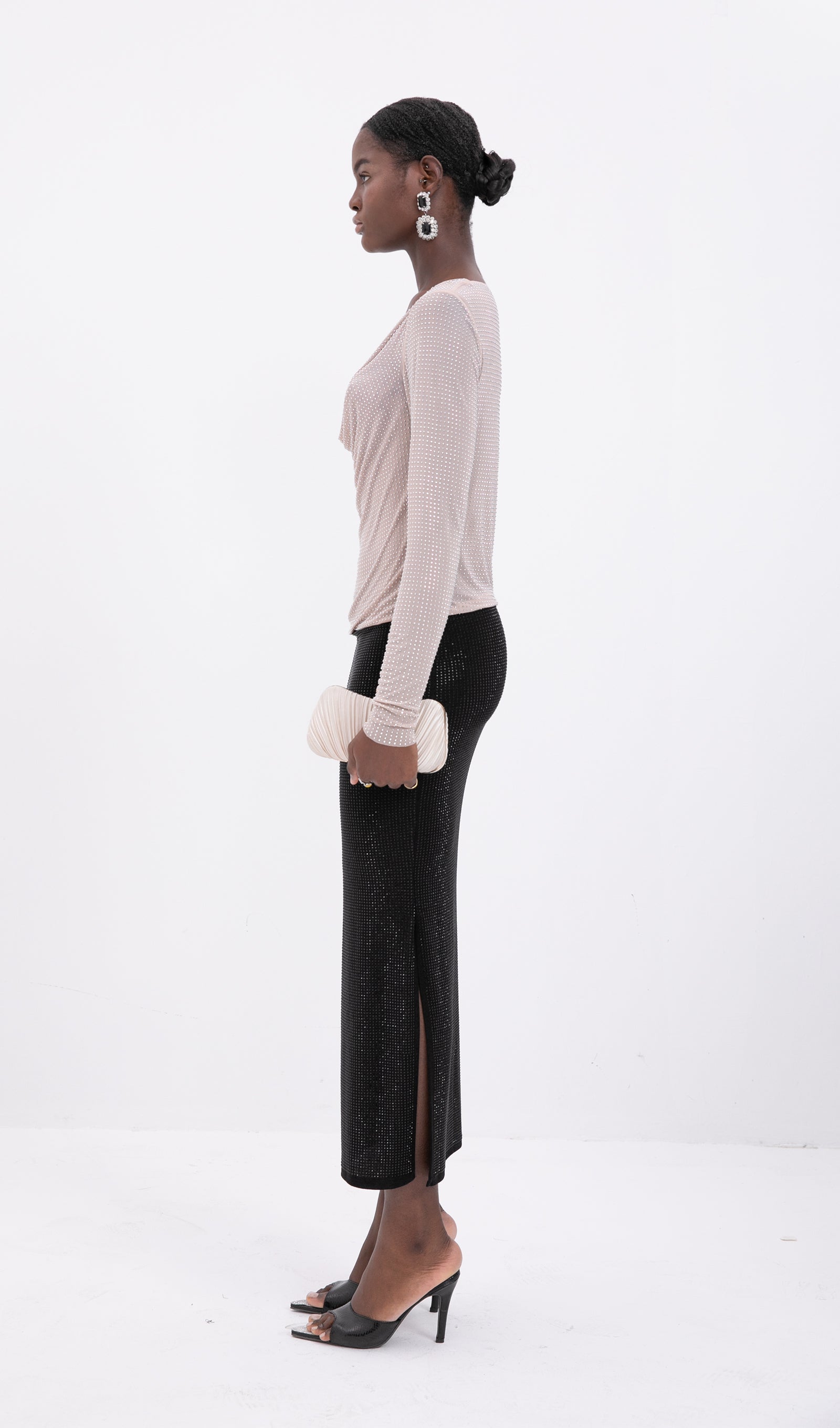 Black Tone Beaded Midi Skirt