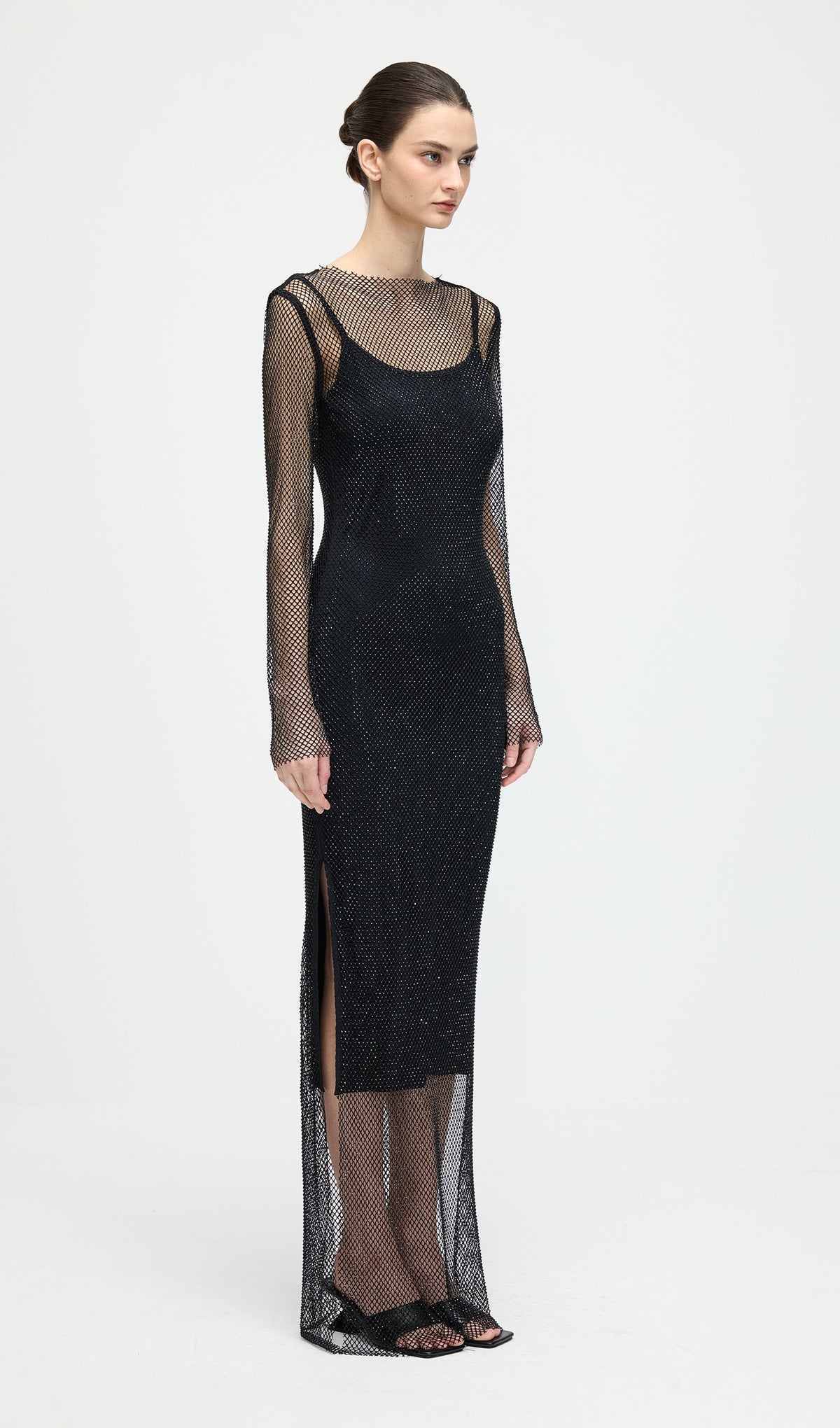 Mesh With Monochrome Maxi Dress In Black