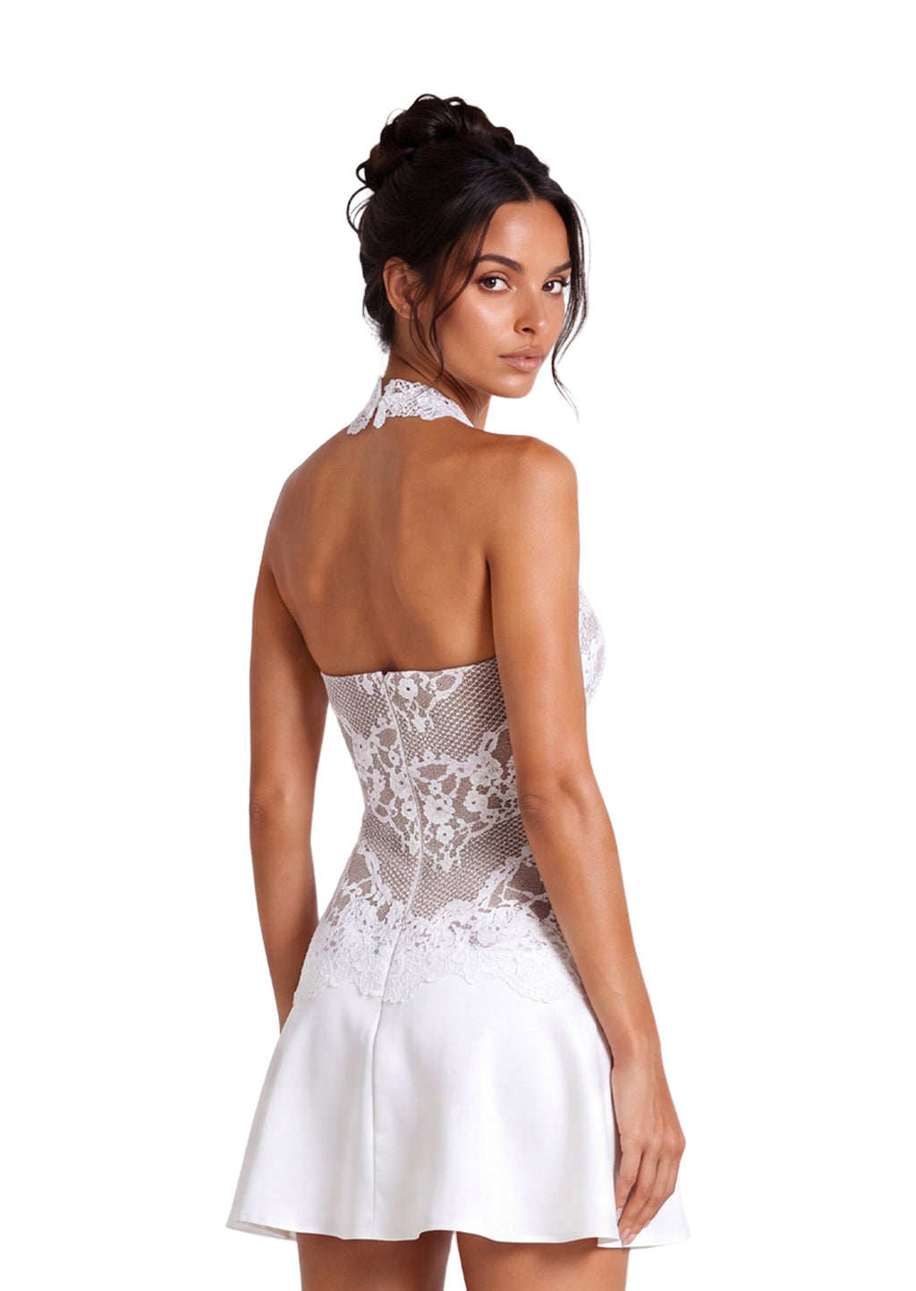 Kaemon Halter Neck Lace Mini Dress In White
