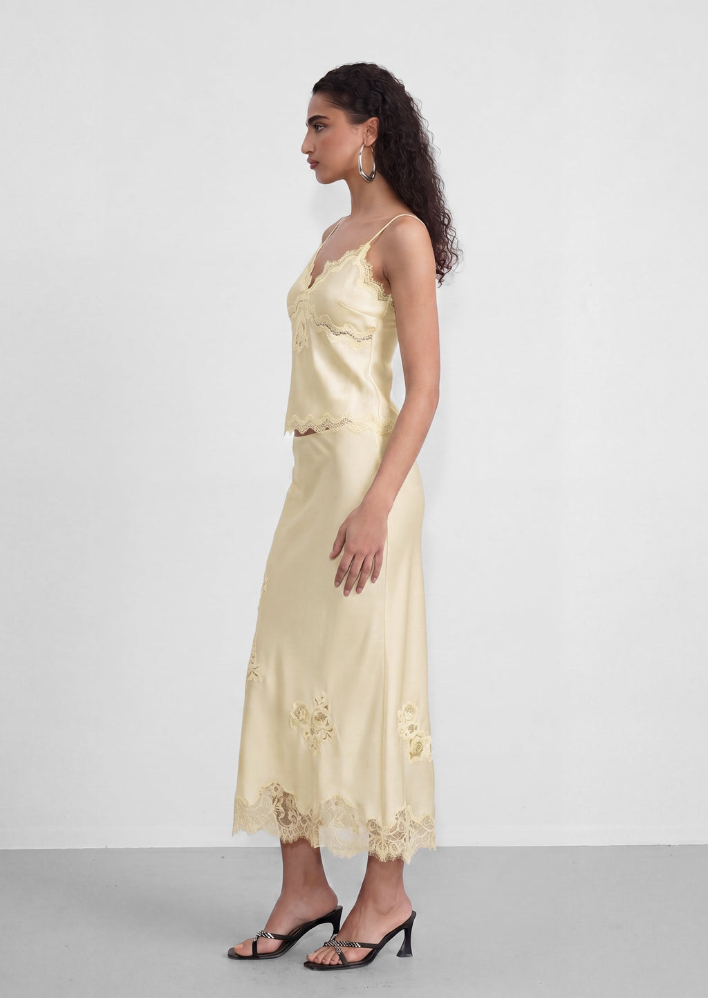 Vivia Satin Lace Midi Skirt Set In Pale Yellow