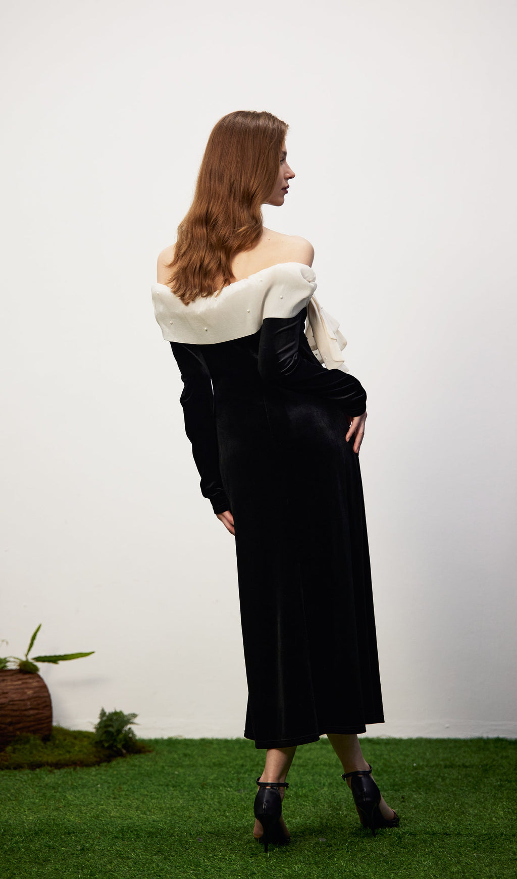 Off Shoulder Pearl Lace Up Maxi Dress