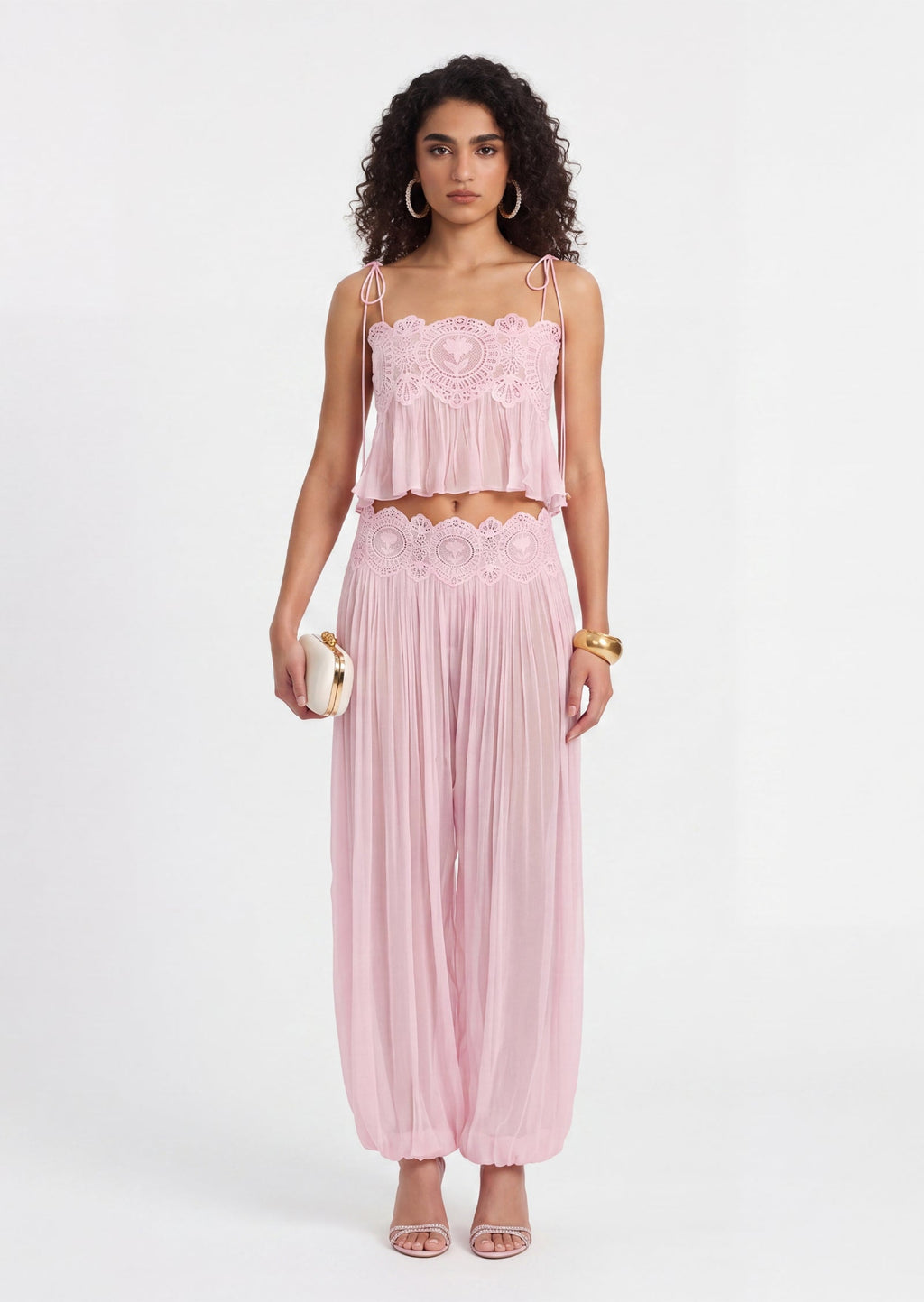 Luenie Chiffon Top & Pant Two Piece Set In Pink