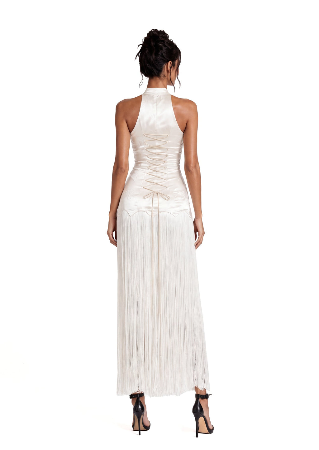 Kayoko Sleeveless Fringed Satin Midi Dress