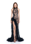 Naarah Slit Ostrich Feather Maxi Dress