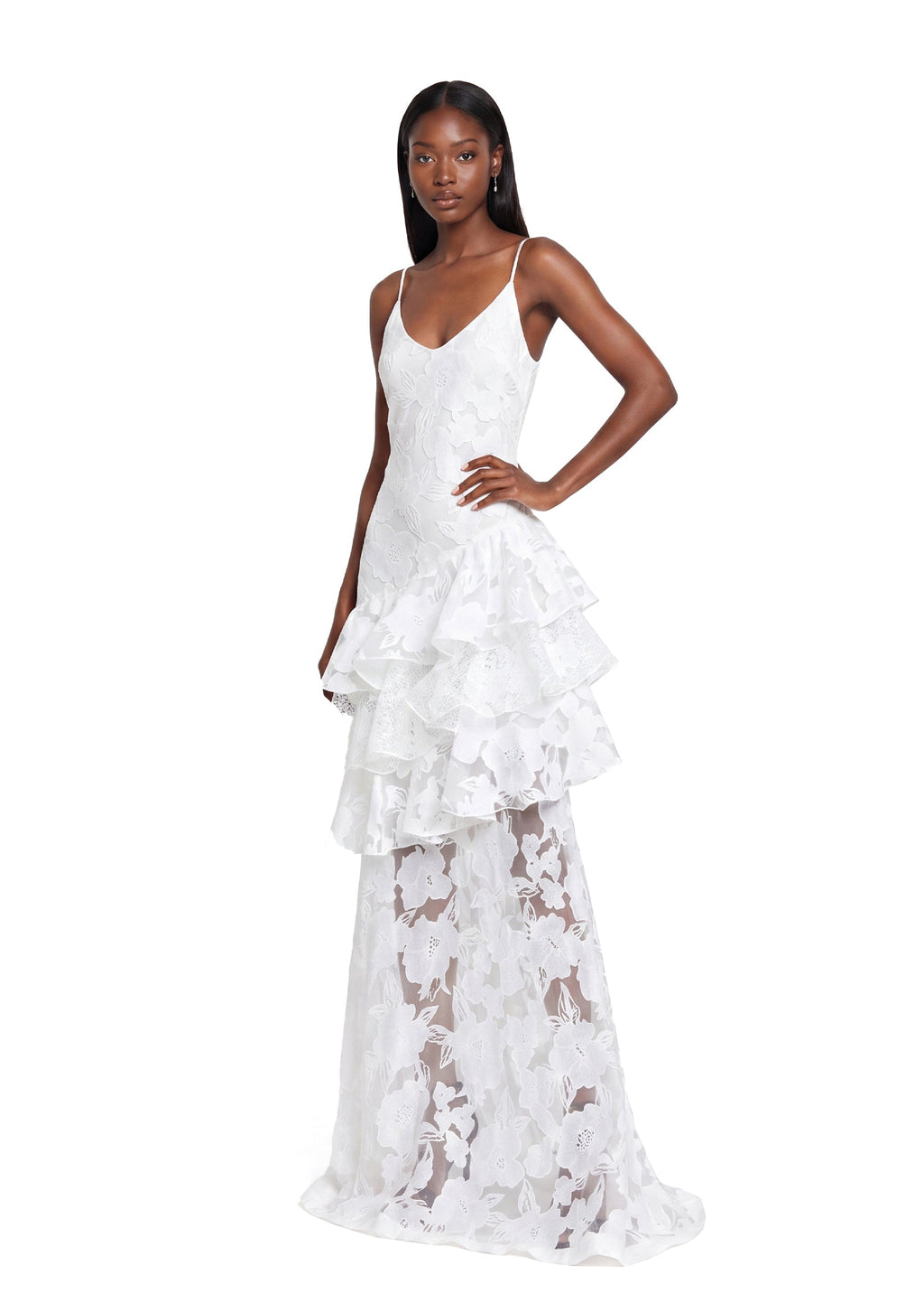 Ofira Sleeveless Layer Ruffle Maxi Dress In White