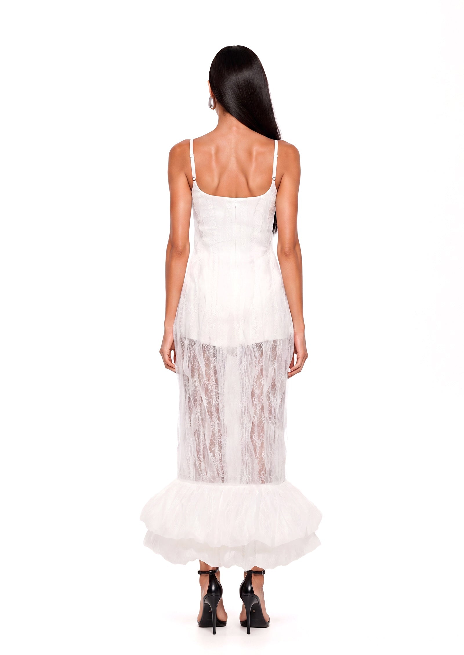 Adah Semi-Sheer Lace Dress In White