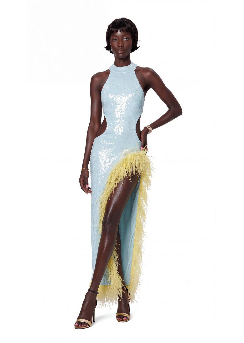 Palesa Ostrich Feather  Sequin Midi Dress