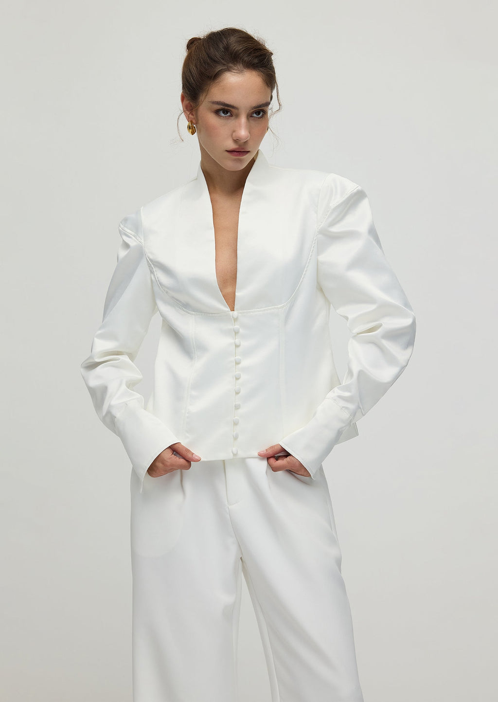 Solid Deep V Wide Shoulder Coat