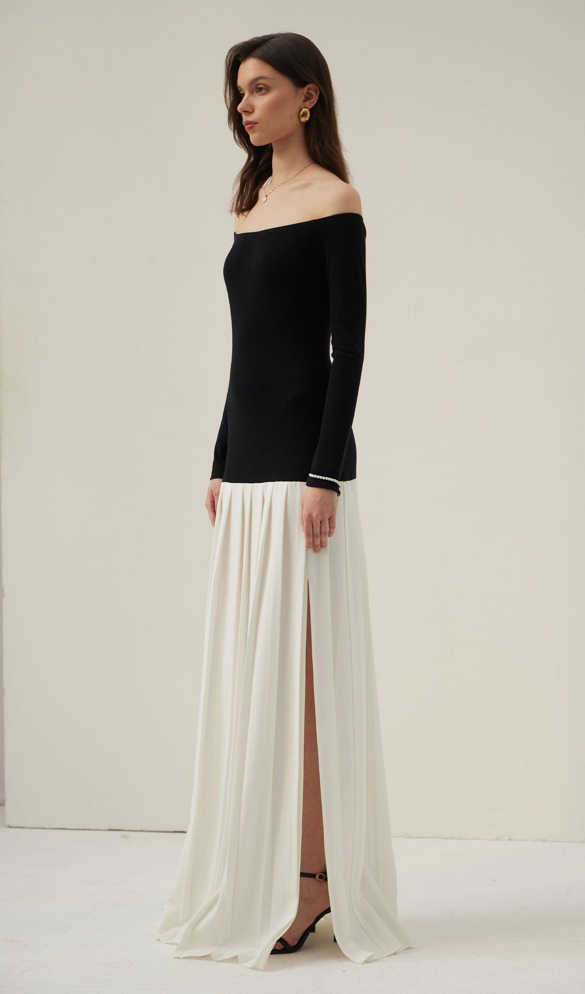 Contrast Knit Off Shoulder Maxi Dress