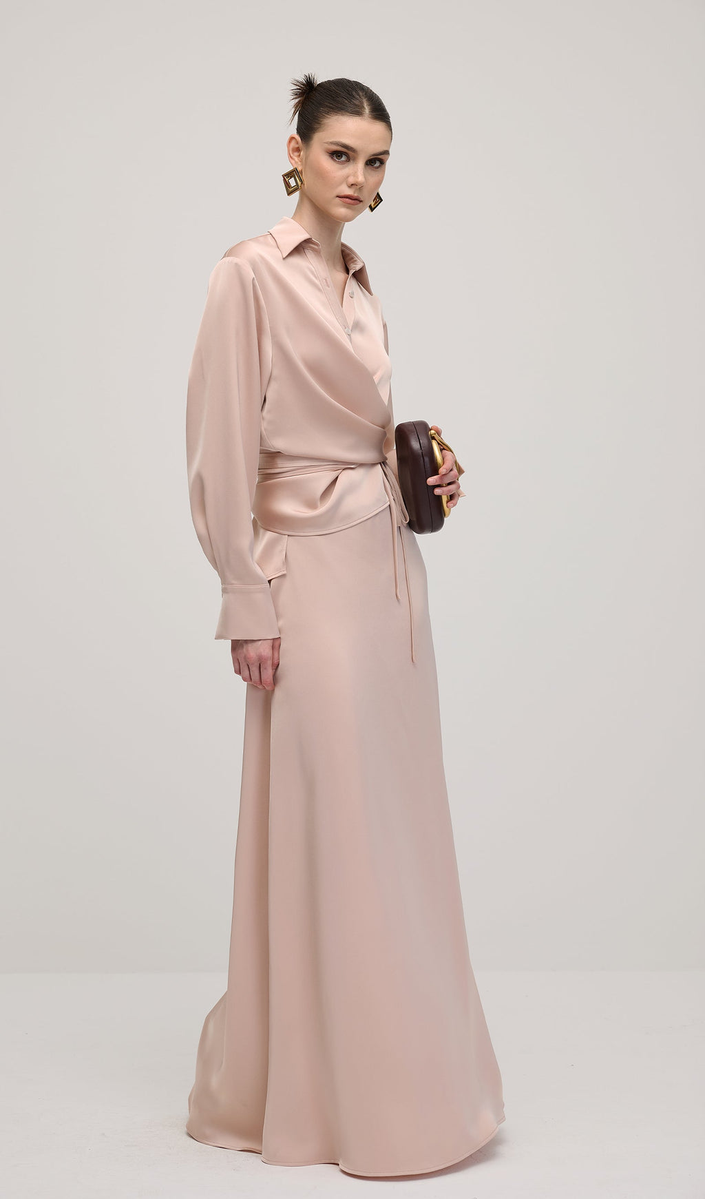 Solid Satin Shirt Maxi Dress Sets