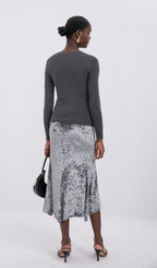 Trendy High Waist Velvet Midi Skirt-Silver