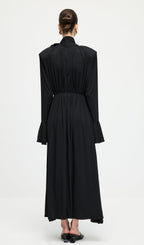 Flower V-Neck Pleated Slit Maxi Dress In Black