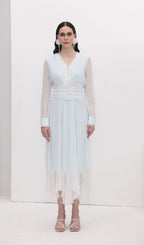 V Neck Bodice Mesh Midi Skirt Sets