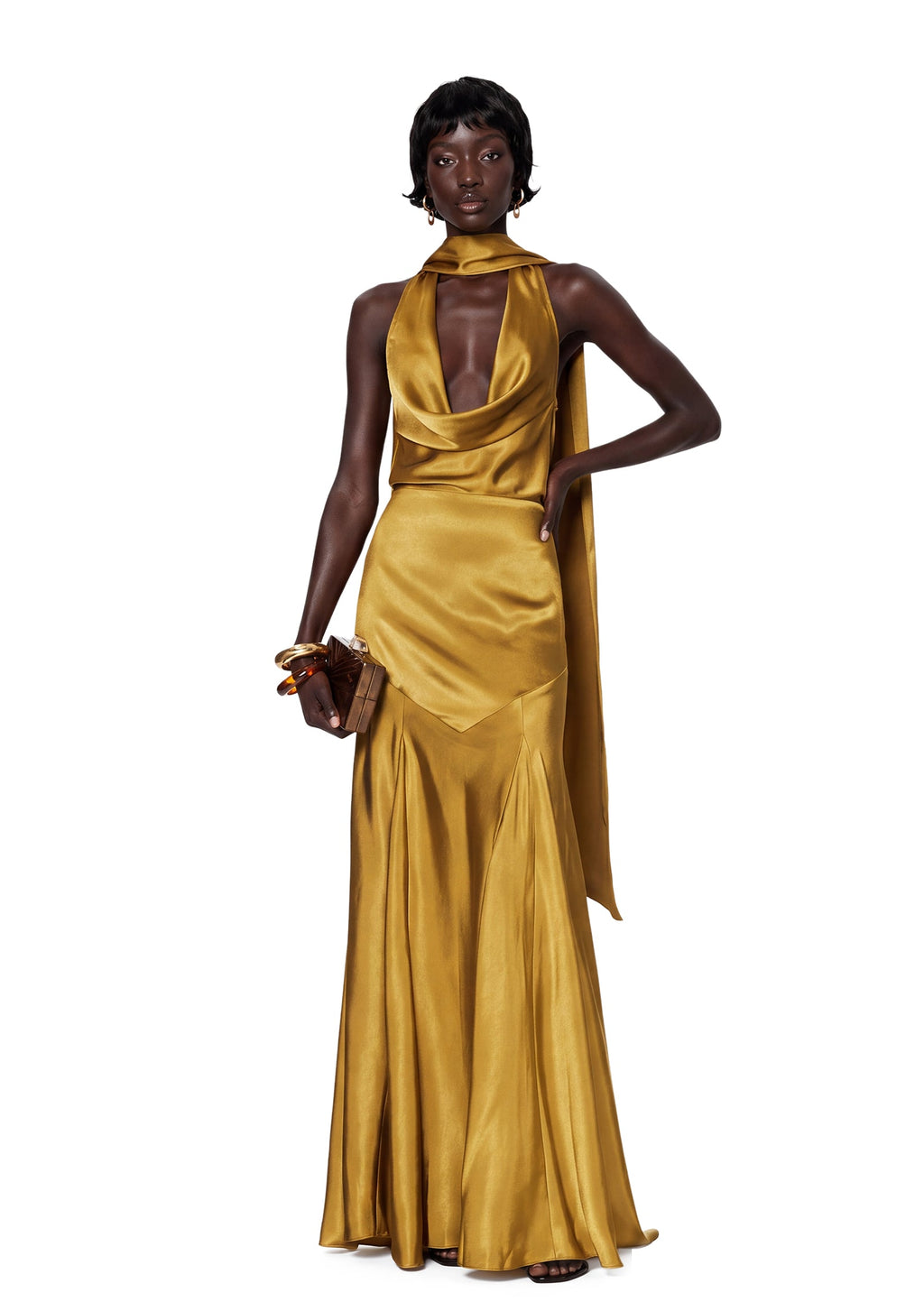 Quanita Satin Halter Neck Maxi Dress In Yellow