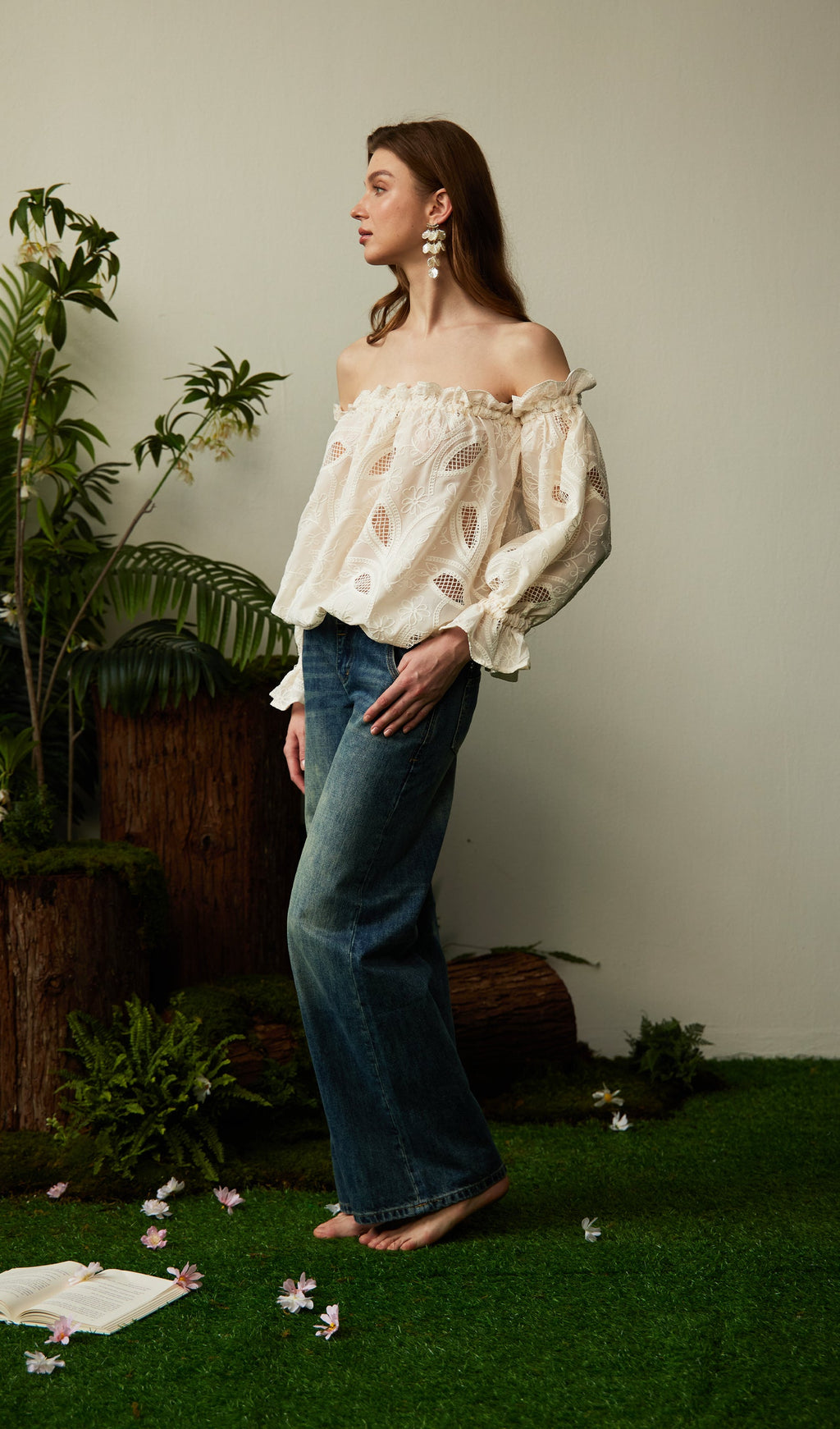 Off Shoulder Ruffled Hollow Out Top