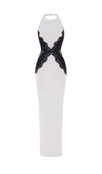 Open Back Maxi Dress In Crepe & Lace