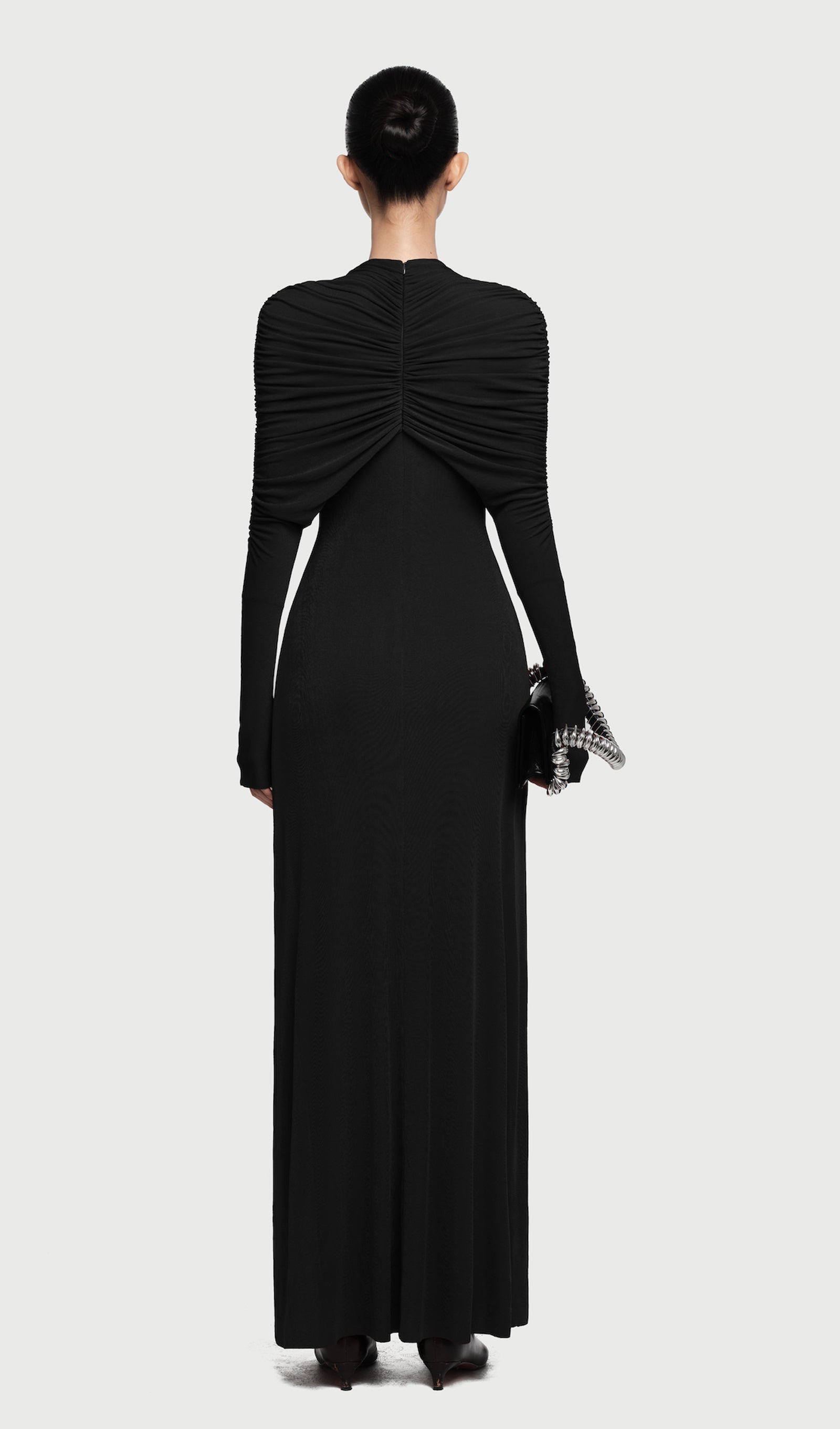 Asymmetrical Form Fitting Maxi Dress In Black