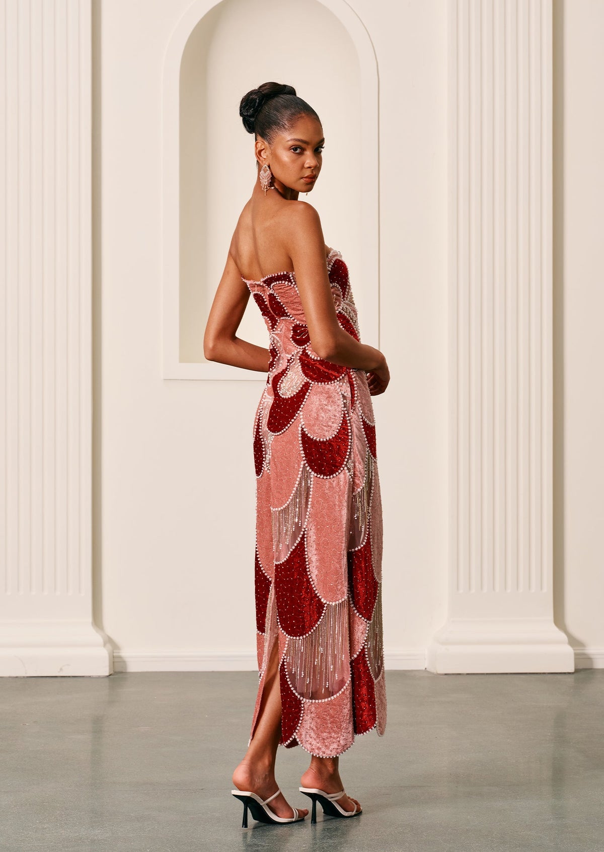 Off Shoulder Embroidered Velvet Gown