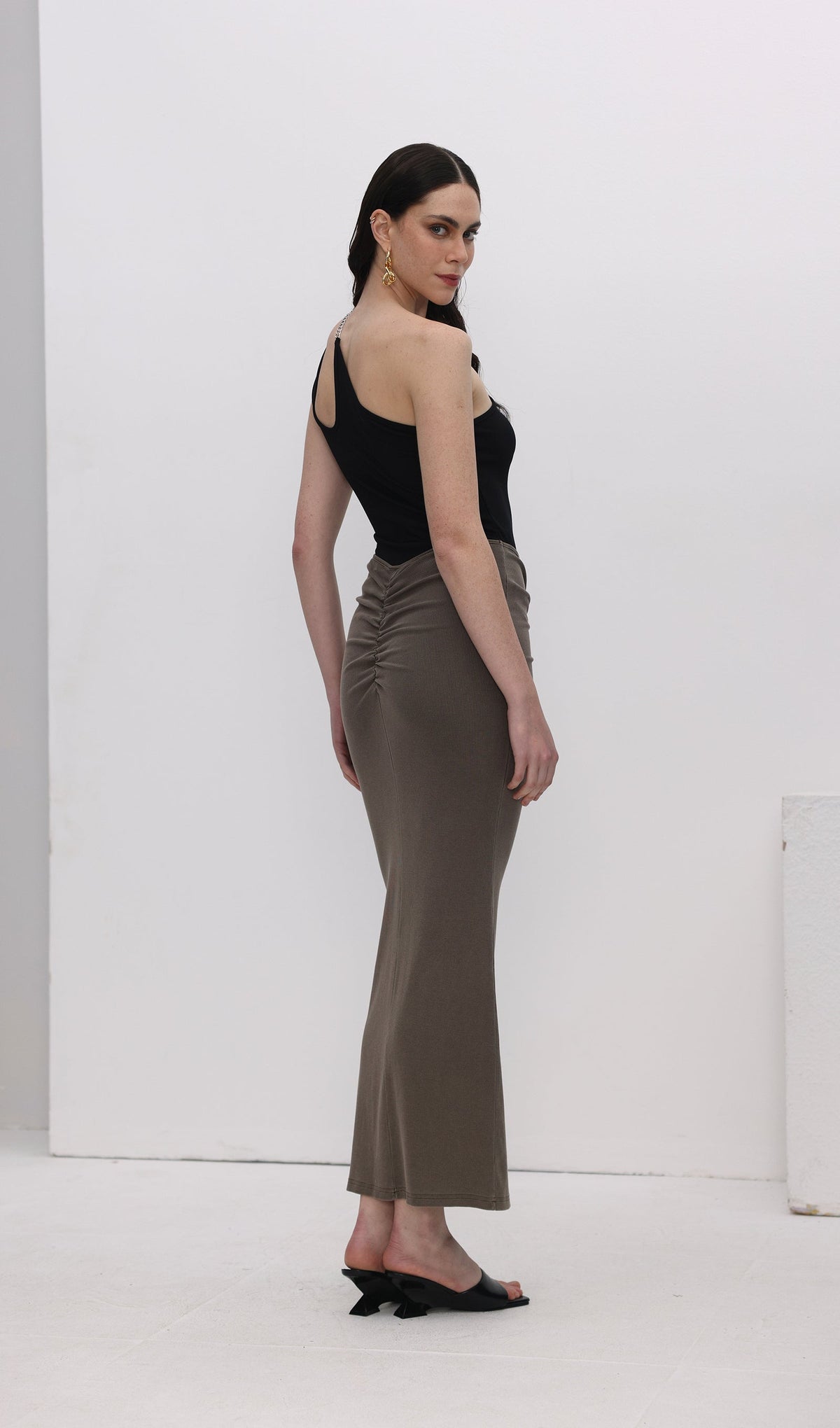 Tie Drape Pleated Midi Skirt