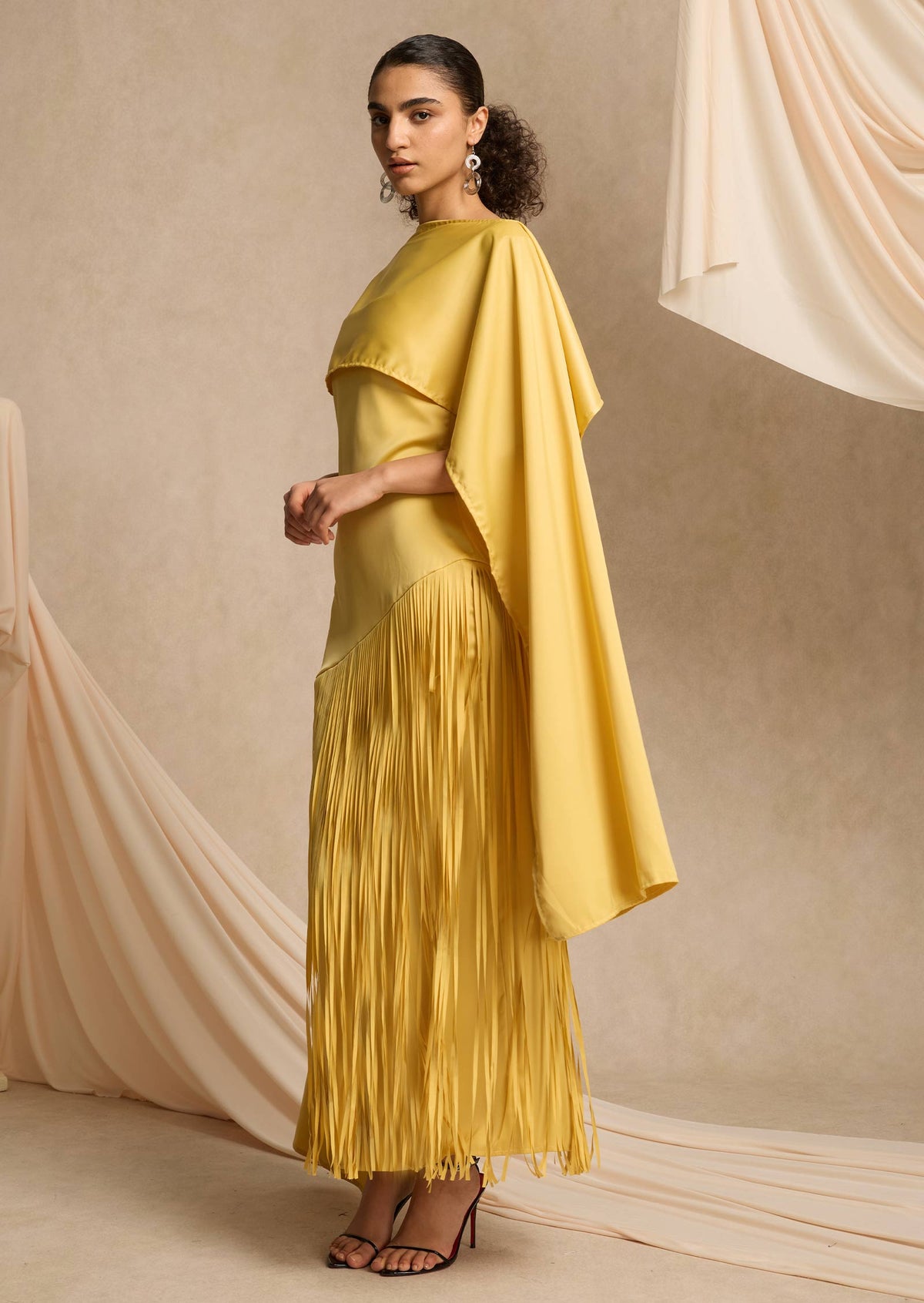 Cape Detailed Fringed Gown