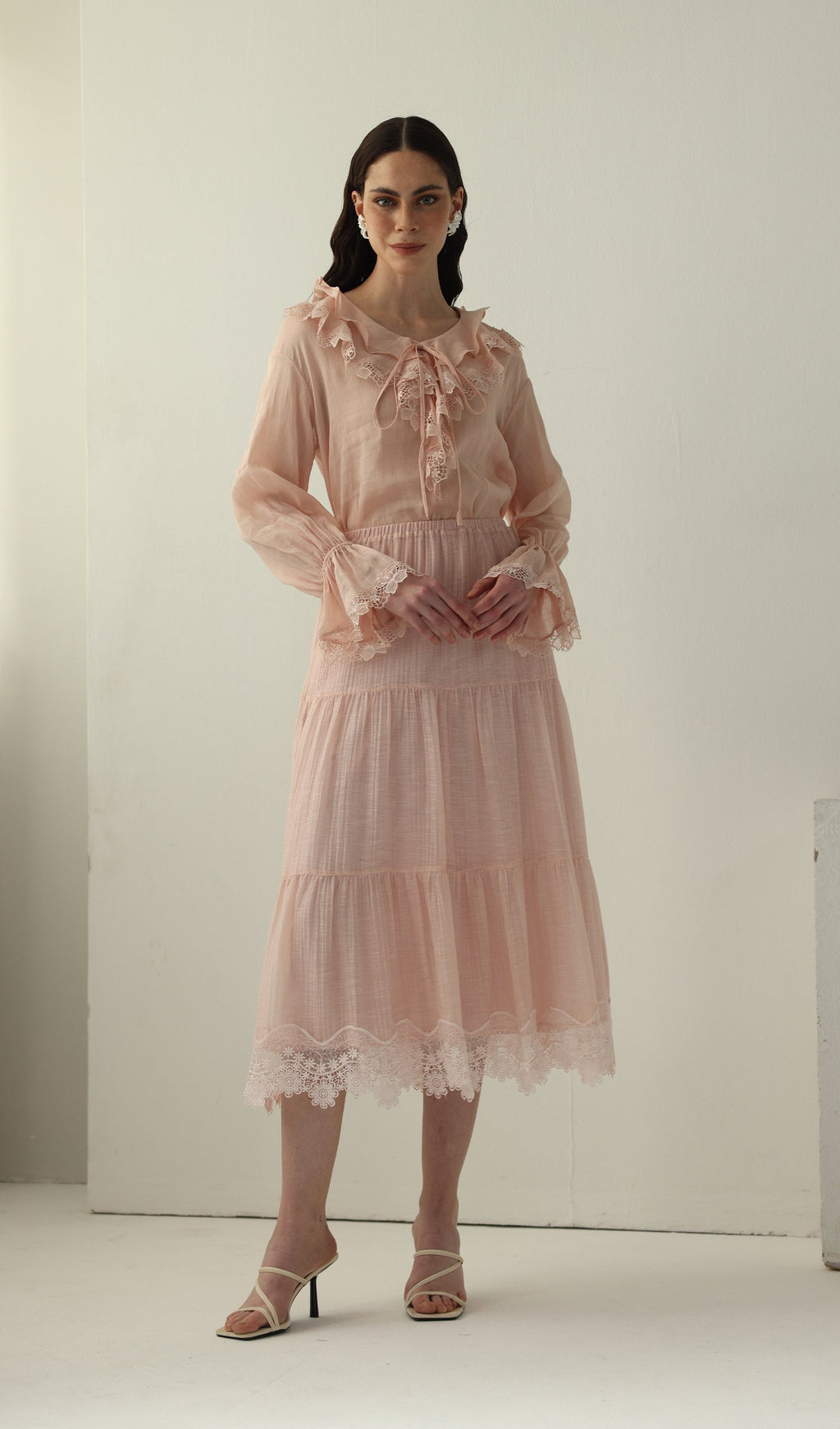 V Neck Lace Panel Ruffled Top