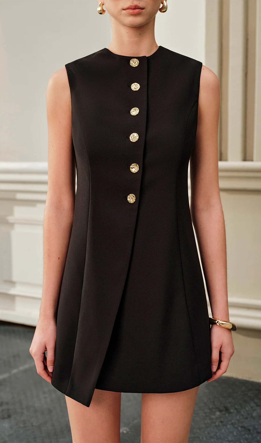 Asymmetrical Tie Back Metal Button Mini Dress