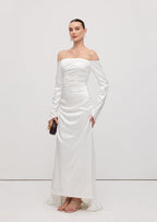 Satin Off Shoulder Ruched Maxi Dress