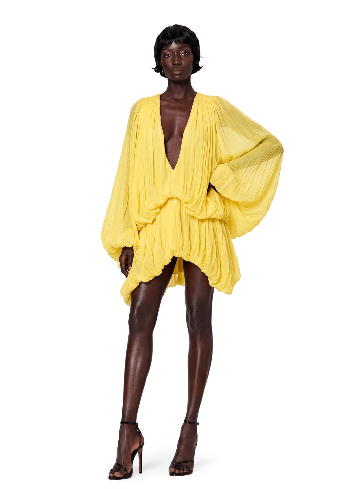 Maame Low Cut Puff Sleeve Mini Dress In Deep Yellow