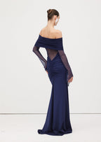 One Shoulder Slinky Ruched Maxi Dress-Blue