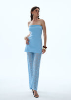 Bandage Knit Top & Crochet Knit Pants In Blue